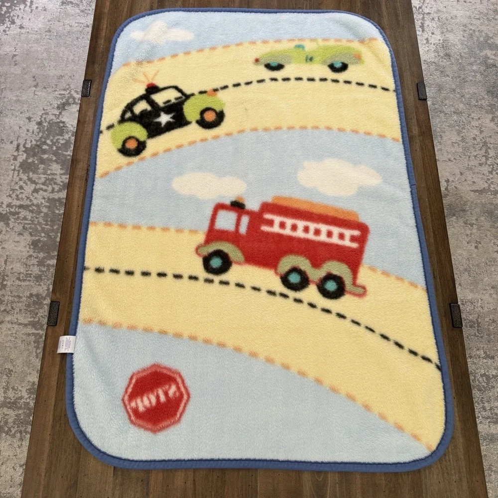 Baby Connection Blanket Blue Fire Truck Police Car Yellow Road Stop Thick Plush